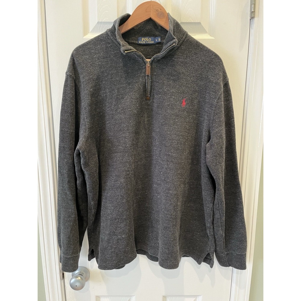 Polo Ralph Lauren Cotton Knit Pullover 1/4 Zip Men's L Charcoal Red Pony Mock